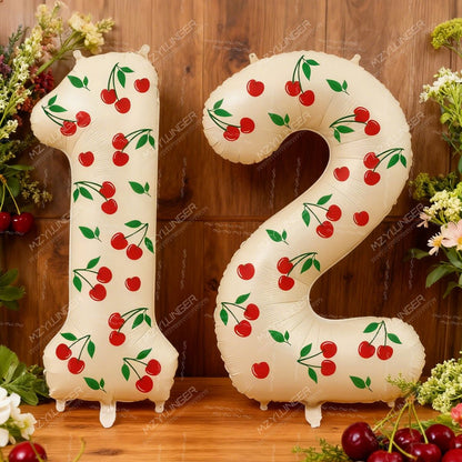 Cream White Number 0-9 Foil Balloons with Cherry Stickers Perfect for Cherry Theme Birthday Party Engagement Wedding Room Decor