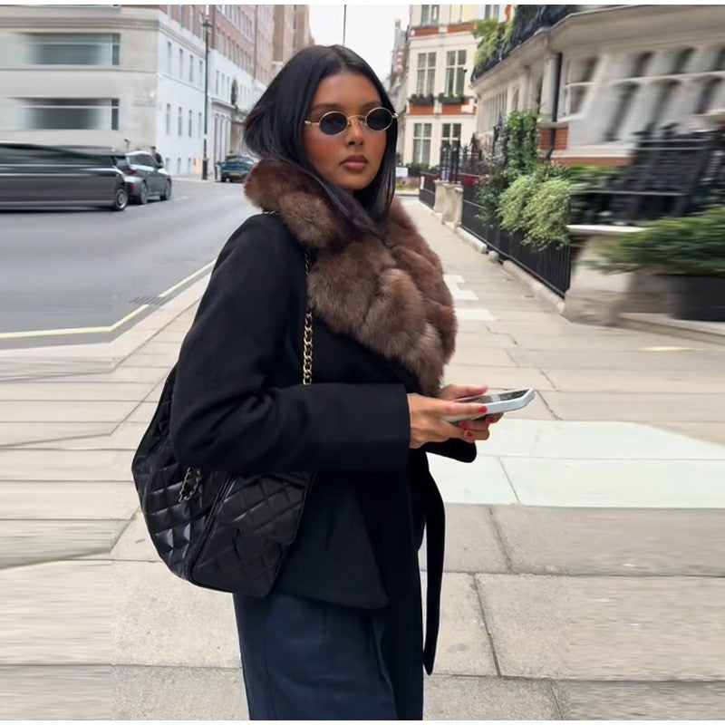 Elegant Faux Fur Lace Up Woolen Coat Women Shawl Collar Belted Waist Full Sleeve Coats Female Autumn Winter Fashion Lady Outwear