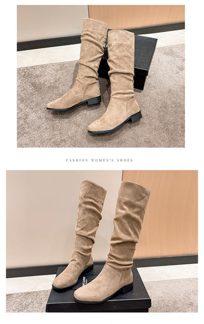 Pleated Boots Women Faux Suede Flock Knee High Boots 2024 Winter Women Fashion Slip on Square Low Heel Knight Booties Mujer 202