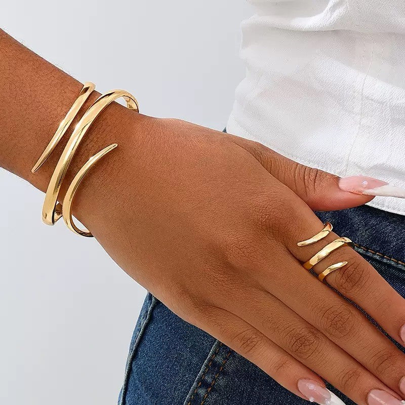 Conjunto de Anel e Bracelete de Aço Inoxidável com Gota de Água para Mulheres Luxuoso Geométrico Gota Aberta Punho Torcido Irregular Joias