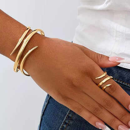Conjunto de Anel e Bracelete de Aço Inoxidável com Gota de Água para Mulheres Luxuoso Geométrico Gota Aberta Punho Torcido Irregular Joias