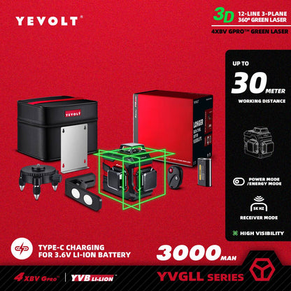 Nível a Laser Verde YEVOLT YVGLL4XS-Series 3/4 Planos 12/16 Linhas Autonivelante 360 3D/4D Horizontal e Vertical Ferramenta de Medição de Energia