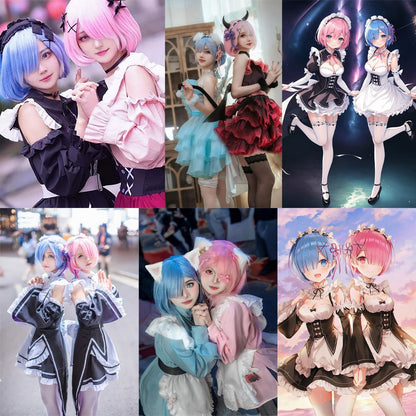 High-Quality Anime Ram Rem Cosplay Synthetic Hair 12-Inch Blue And Pink Short Halloween Daily Party Heat-Resistant Wig Natural