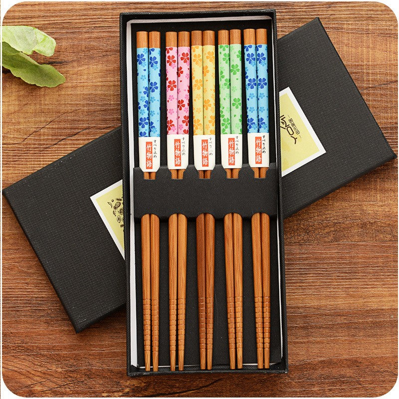 5 Pair Set Bamboo Chopsticks Tableware Non-Slip Japanese Natural Wood Sushi Food Multi Color Household Long Chopsticks Set