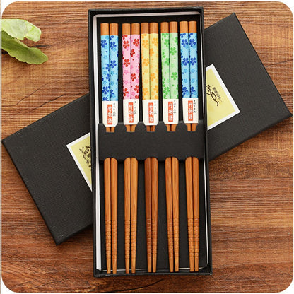 5 Pair Set Bamboo Chopsticks Tableware Non-Slip Japanese Natural Wood Sushi Food Multi Color Household Long Chopsticks Set