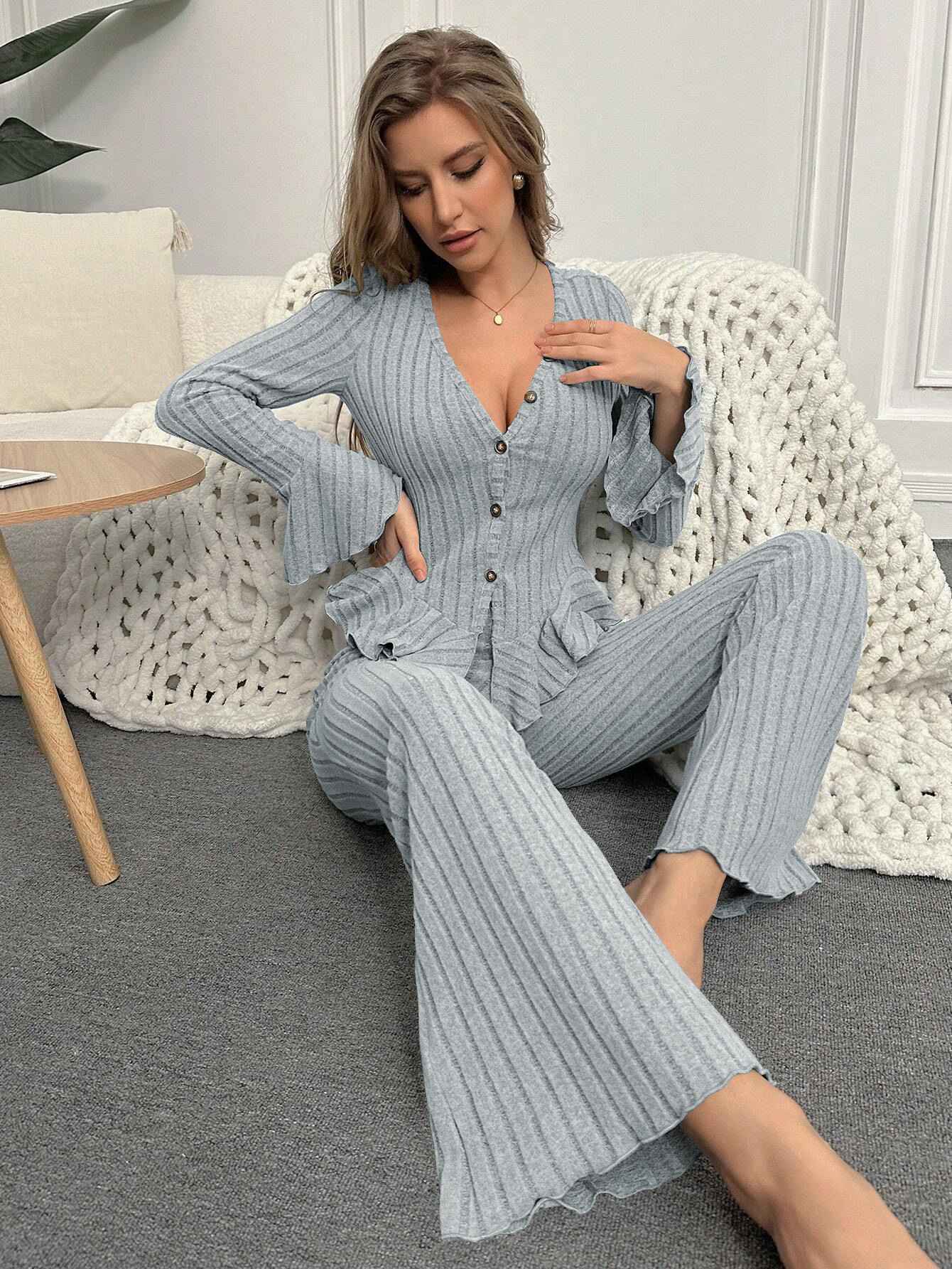 Home Wear Sexy V-neck Fashionable Length Pants Set Autumn Winter Comfortable Casual Slim Fit Women Two-piece Set pajama