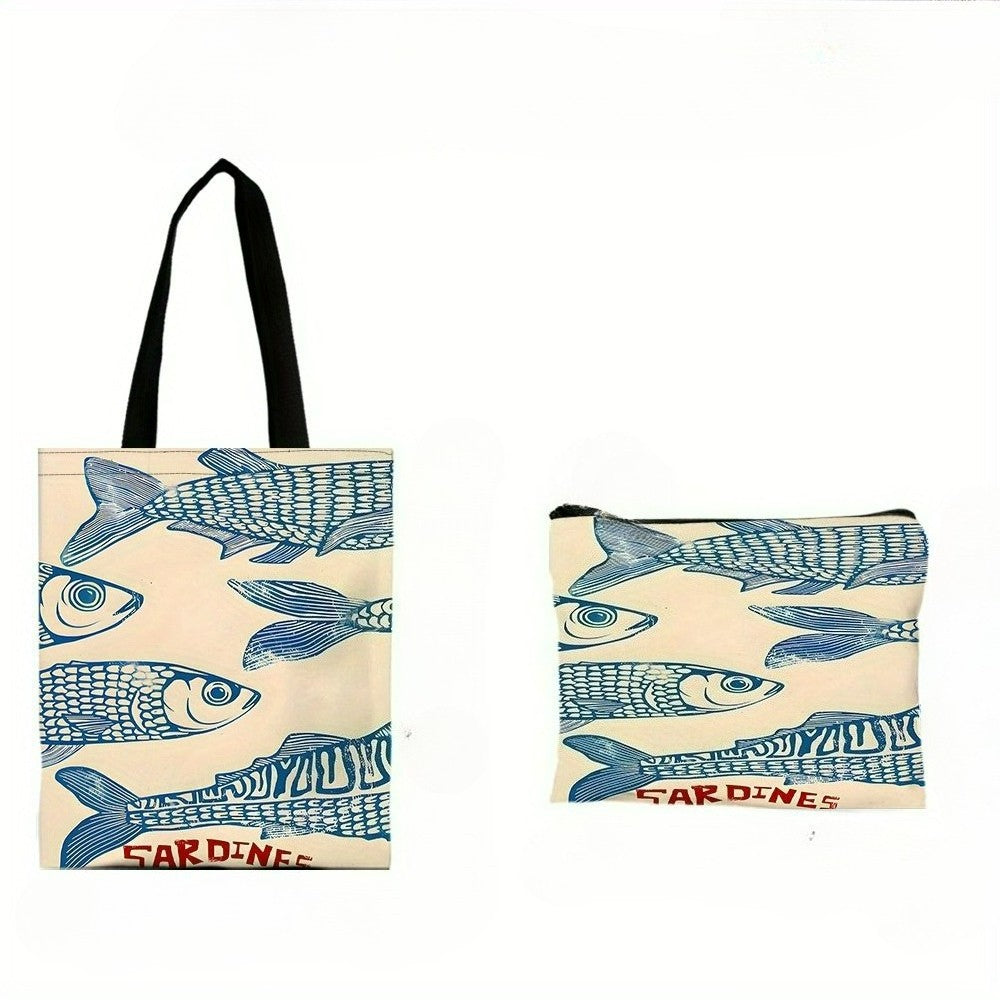 Blue Sardine Artwork Tote Bag Beach Bag with Makeup Bag Vibrant Design Reusable Shopping Bag Shoulder Bag Travel Toiletry Bag
