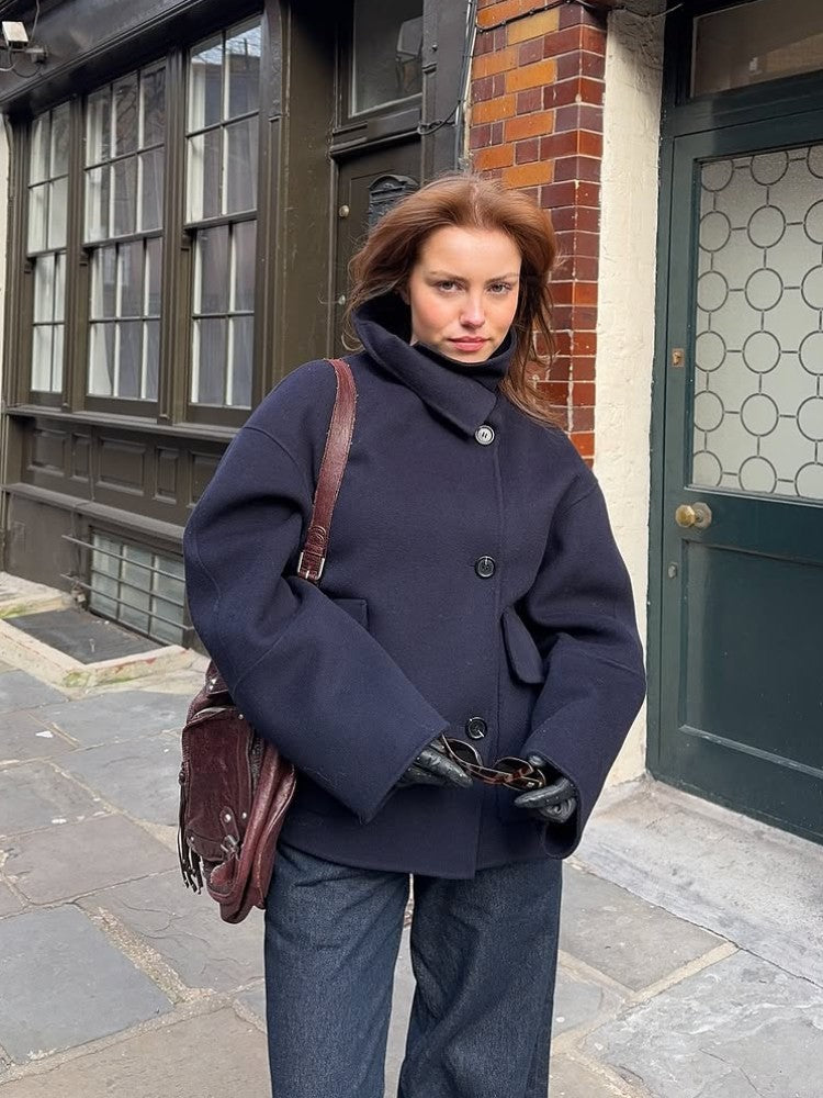 Elegant Stand Collar Woolen Jacket For Women Y2K Single Breasted Button Pockets Coat Lady 2025 Autumn Winter Street Chic Outwear