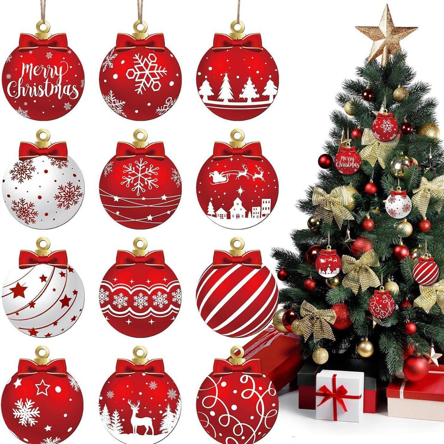 12pcs/set Red and White Wooden Christmas Ball Ornament, Elk Snowflake Pattern Christmas Party Hanging Decoration Supplies Winter