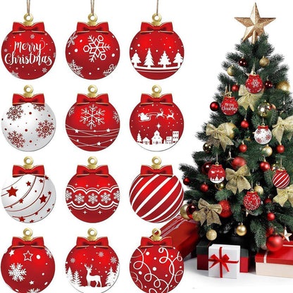 12pcs/set Red and White Wooden Christmas Ball Ornament, Elk Snowflake Pattern Christmas Party Hanging Decoration Supplies Winter