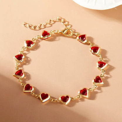 Pulseiras elegantes de corrente de metal com zircônia e cristal vermelho para mulheres, pulseiras coloridas de coração, joias de pulso, presente para festas de casamento e meninas