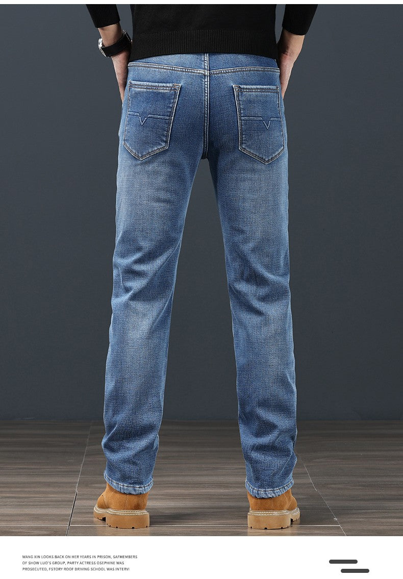 2024 Winter Warm Jeans Men's Fleece Thickened Slim Straight Trousers Fashion Stretch Cotton Casual Denim Pants Brand Clothes
