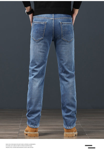 2024 Winter Warm Jeans Men's Fleece Thickened Slim Straight Trousers Fashion Stretch Cotton Casual Denim Pants Brand Clothes