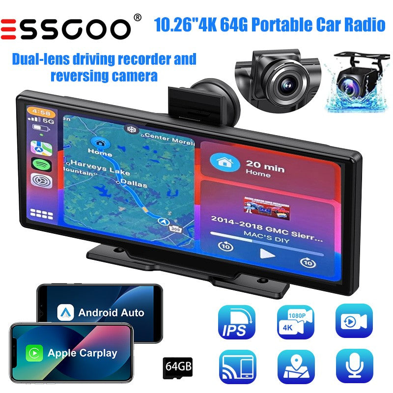 10.26" 4K 64G Touchscreen Portátil Sem Fio CarPlay Android Auto Caminhão Dash Som Automotivo Bluetooth GPS Navegação Câmera de Ré Grande Angular FM