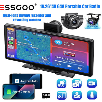 10.26" 4K 64G Touchscreen Portátil Sem Fio CarPlay Android Auto Caminhão Dash Som Automotivo Bluetooth GPS Navegação Câmera de Ré Grande Angular FM