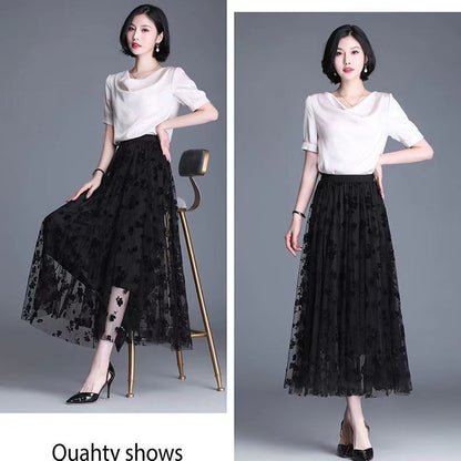 Korean Women Tulle Skirt Fashion Summer Hook Floral Loose Midi Skirt Elegant Fem