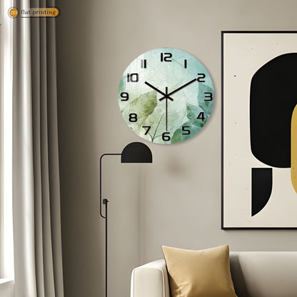 Fresh Green Leaf Print Wall Clock - Minimalist Botanical Pattern, Noiseless Sweeping Mechanism, Kitchen/Bathroom Decorative Time