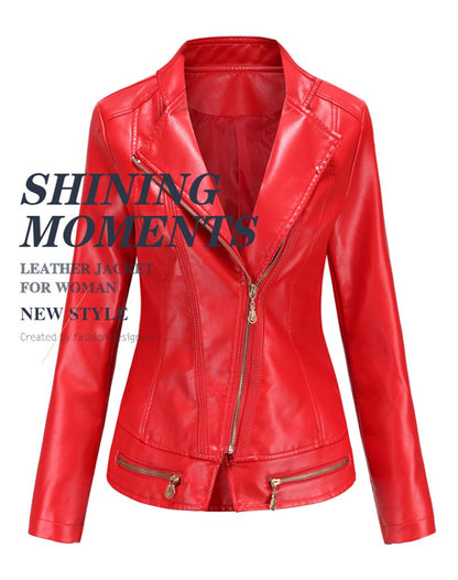 Women's Bright Red Lapel PU Jacket, Zippered Embellished Leather Jackets, Women Fashion Casual Coat of Female Outerwear
