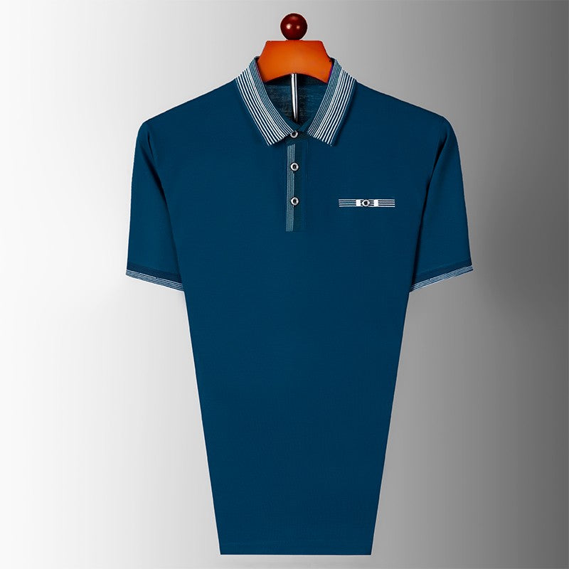 Summer men's short sleeved pure cotton lapel T-shirt polo shirt, middle-aged and elderly loose casual striped T-shirt