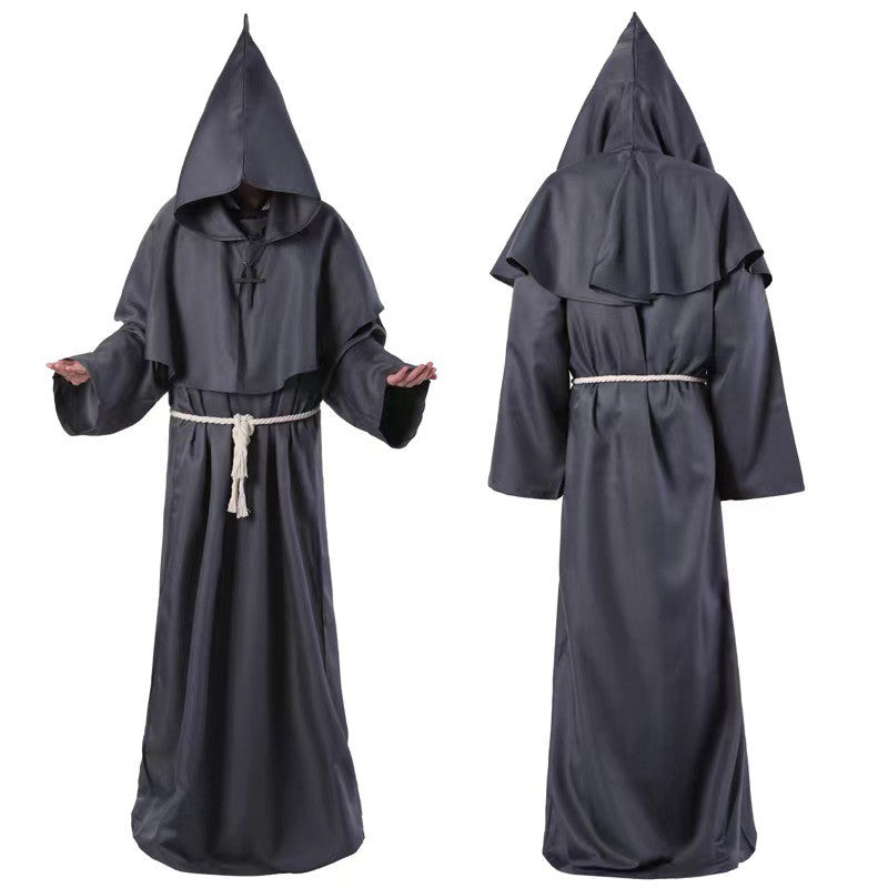 Medieval Monk Cosplay Wizard Hooded Robe Steampunk Priest Horror Cloak For Men Unisex Mask Hat Costume Halloween Masquerade Cape