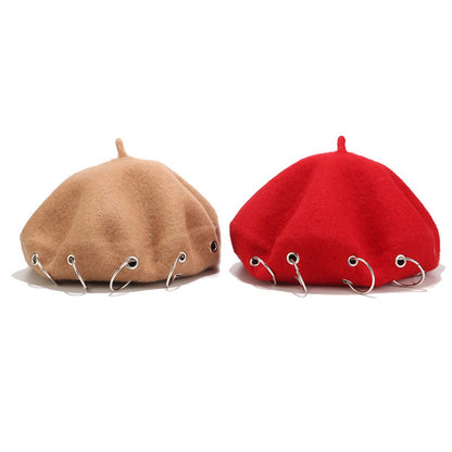 Fashion Winter Berets For Women girl Punk Rock Style Iron Rings Beret Caps Retro Wool Hats Black Woolen Painter Caps