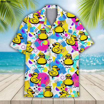 Funny Neon Rubber Duck Hawaiian Shirt For Men Galaxy Yellow Duck Mens Hawaiian Casual Button Down Shirts Short Sleeve Shirt Tops