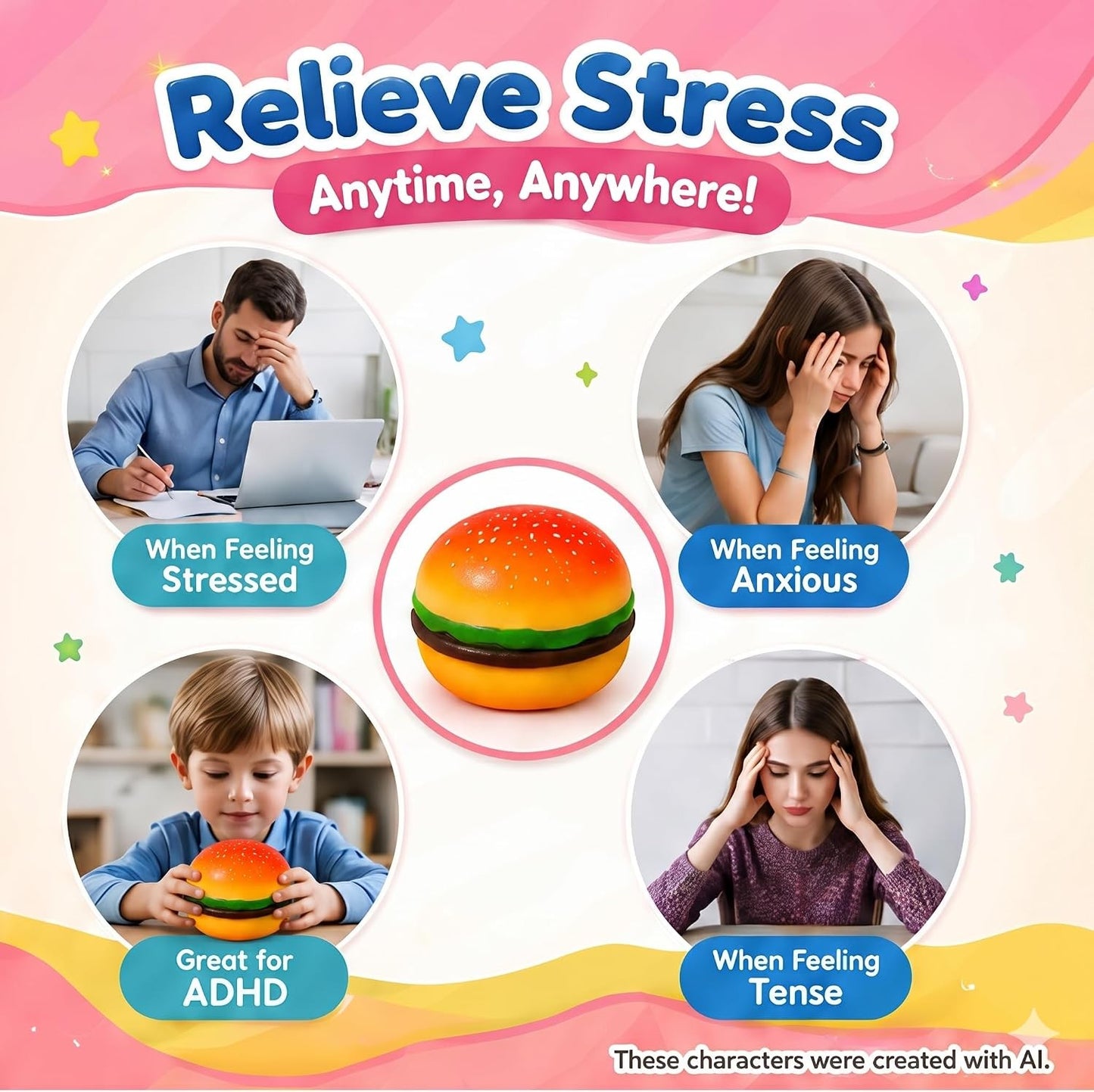 1/2/3Pcs Squishy Hamburger Stress Ball Autism Sensory Toy Stress & Anxiety Relief Toys Pinch Decompression Toy Party Gifts