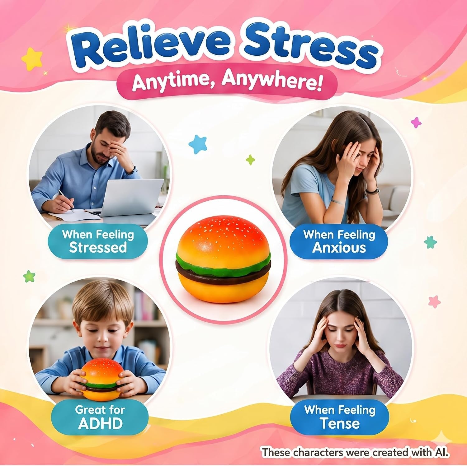 1/2/3Pcs Squishy Hamburger Stress Ball Autism Sensory Toy Stress & Anxiety Relief Toys Pinch Decompression Toy Party Gifts
