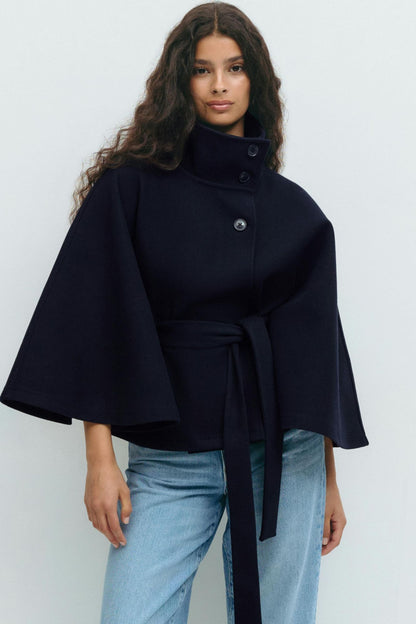 chic vintage cape jacket with belt stand neck single breasted loose coat loose flare sleeve coats early lady autumn Y2K outwears
