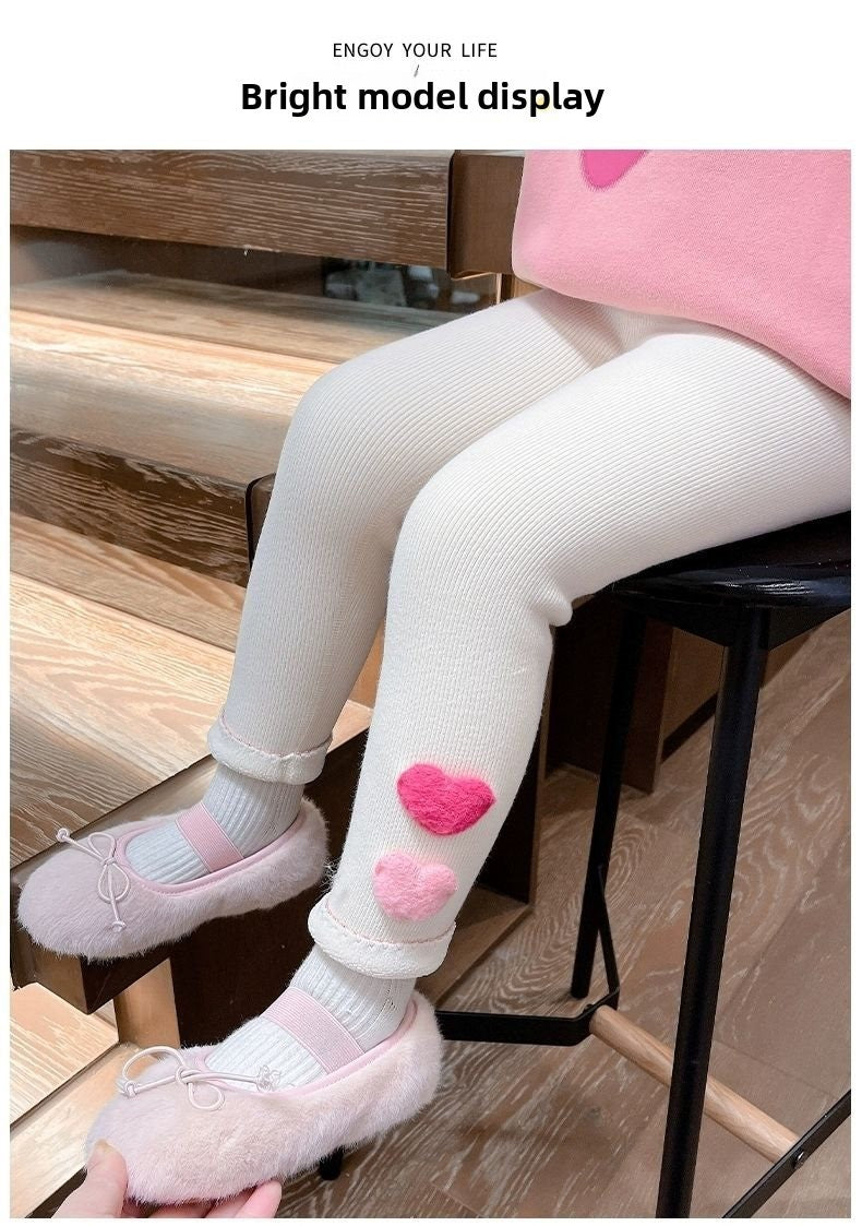 1-6Y Fleece Lined Leggings for Girls Winter Warm Bear Patch Elastic Pants Soft Kids Trousers Teenage Girls Clothing