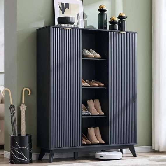 6-Tier Adjustable Fluted Shoe Storage Cabinet with 2 Sliding Doors, 60 Tall Freestanding Organizer for Entryway