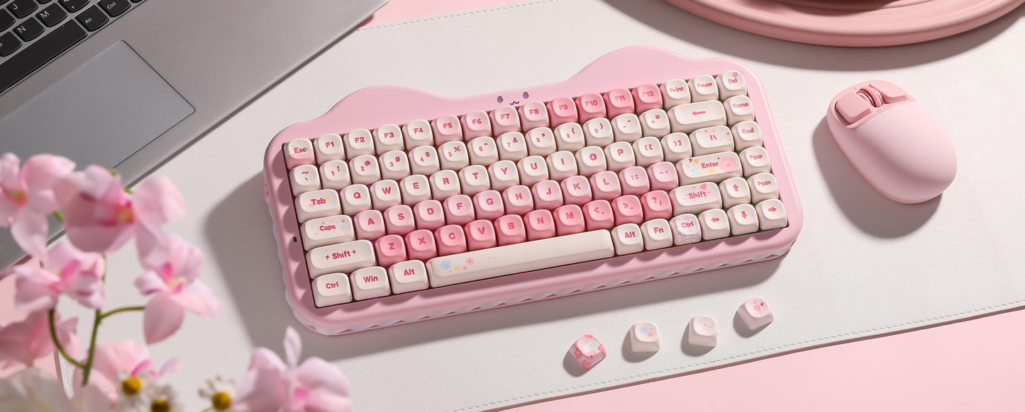 Teclado Mecânico Sem Fio Rosa YUNZII C75, Teclado RGB Hotswap Cremoso 75%, Suporte Gasket Design Cute Cake para Win/Mac/Gaming