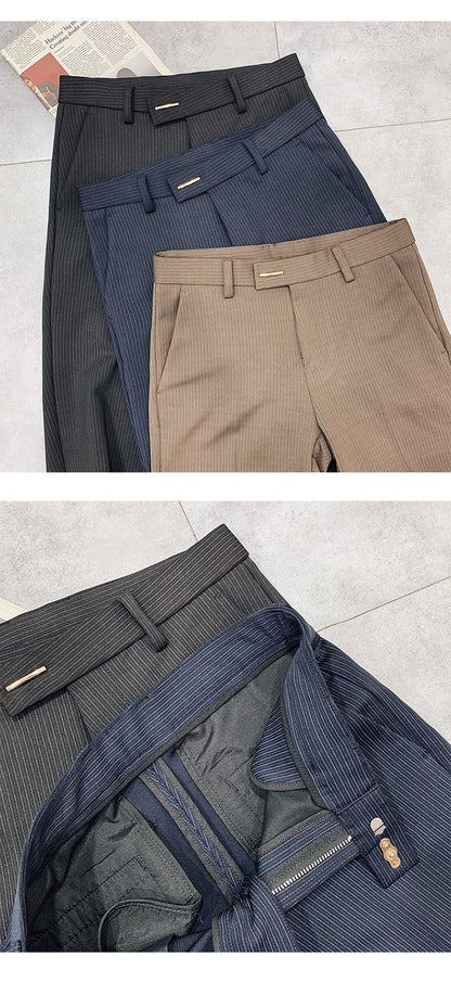Calça Social Listrada Masculina Slim Fit com Tornozelo Justo Calça Social Masculina para Escritório e Festa Calça Social Masculina para Negócios Slim Fit