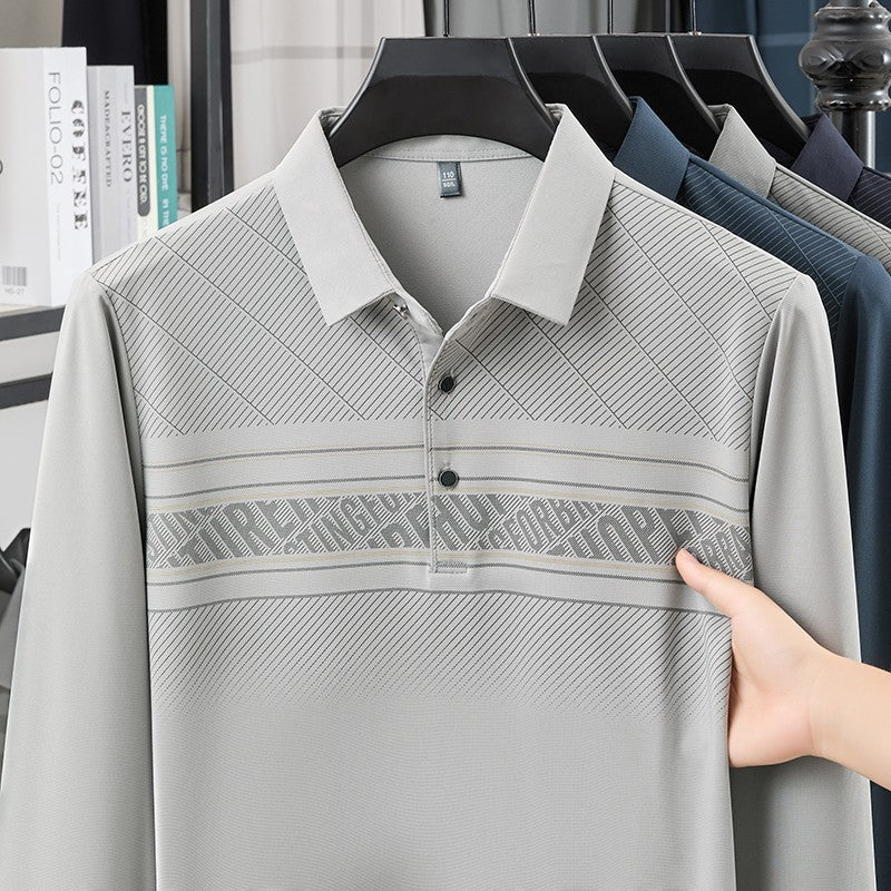 TFETTERS Elegant T Shirt for Man 2025 Spring Autumn Tops Long Sleeve Turn Down Collar Graphic Smart Casual T-shirt for Men