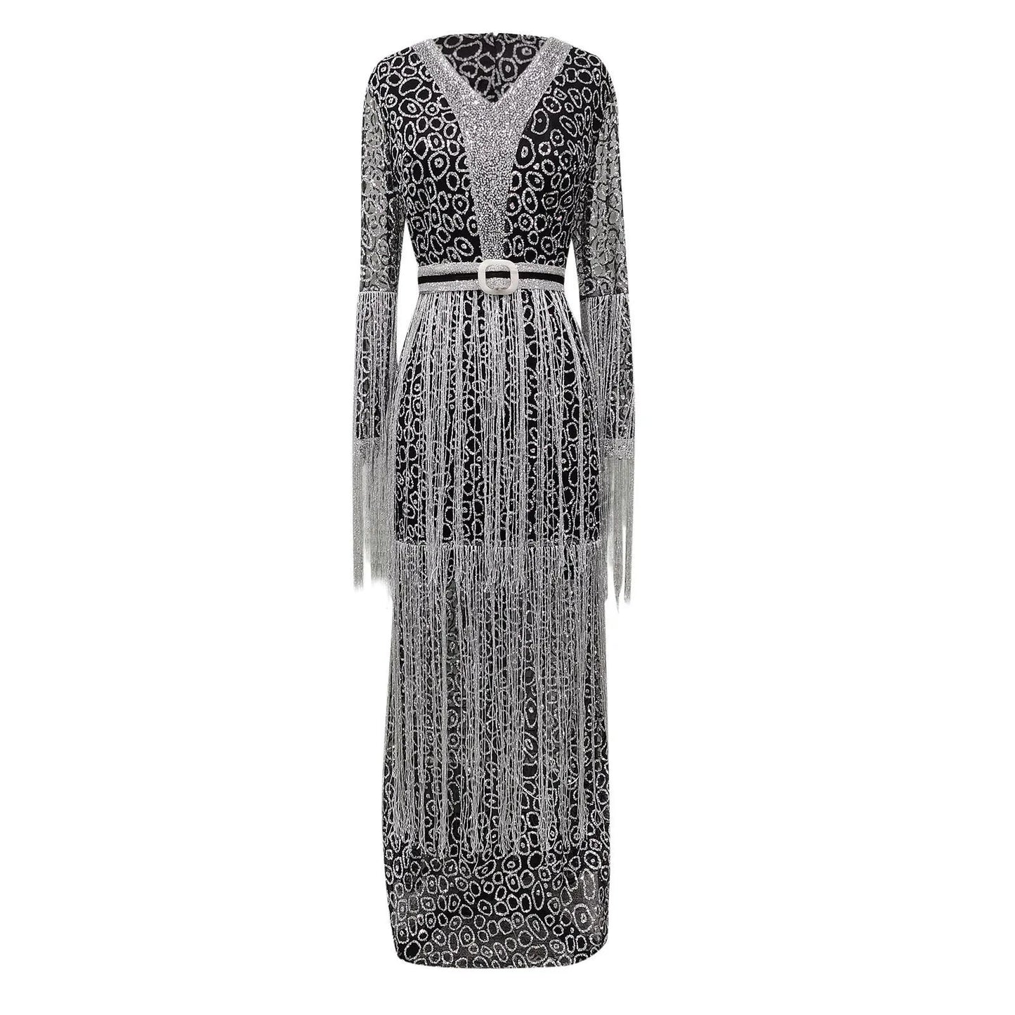 Women's Fashion New Long Sleeved Prom Dress Elegant Sexy Deep V Neck Sequined Fringed Long Slim Dresses Evening Party Dresses