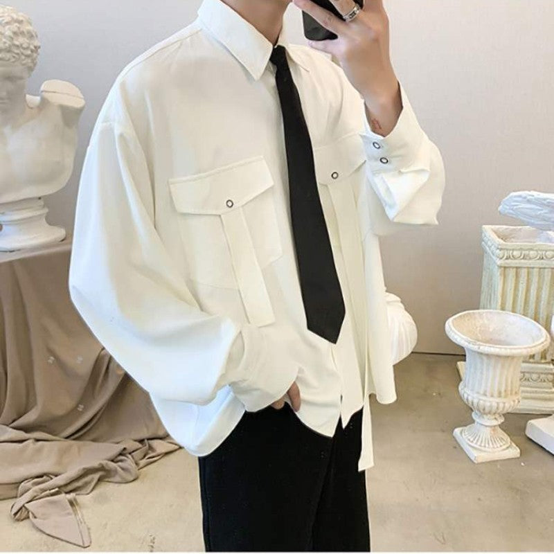 Gmiixder Cargo Long-sleeve Shirt with Tie Men's Oversize Kpop Shirt Korean Streetwear Versatile Motorcycle Pocket Streamers Coat