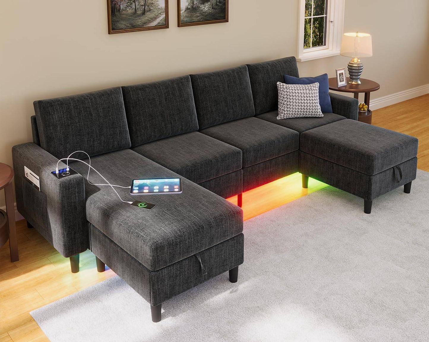 Smart Sectional Couches for Living Room, 4 Seat U/L Shaped Sectional Sofa with RGB Light/Charging, Modern Living Room Furniture