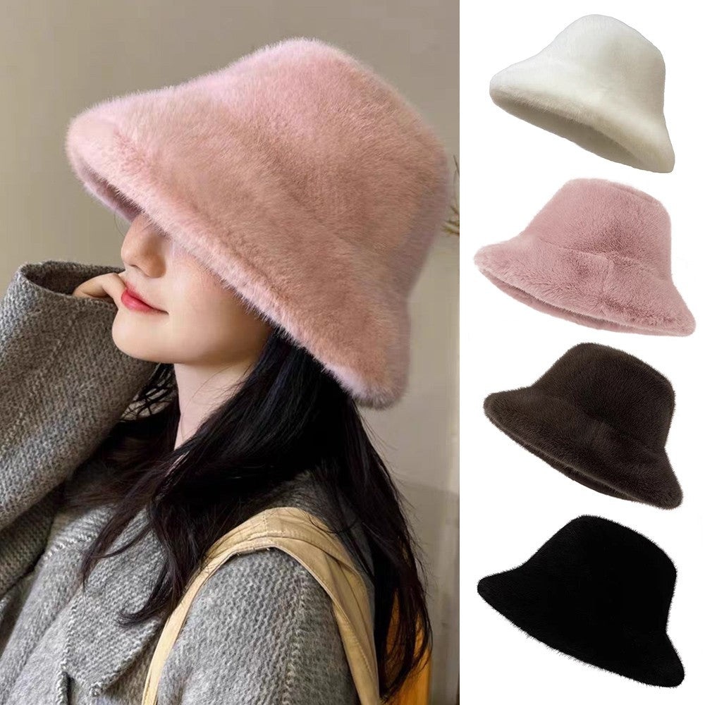 Hot Sale Fluffy Faux Fur Bucket Hats Women Warm Thick Plush Winter Hat Lady Fashion Fisherman Cap Korean Furry Bucket Hat Y2k