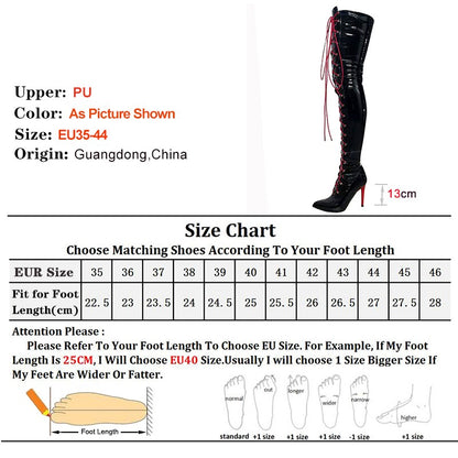 13CM Thin Heel Black Lace-up Over the knee Boots Woman Fetish Pointy Toe Boots Elastic Leather Thigh High Sexy Women Party Shoes