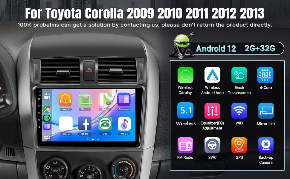 Rádio automotivo sem fio de 9 polegadas para Toyota Corolla 2009 2010 2011 2012 2013, compatível com CarPlay Android Auto, tela de toque 2+32G