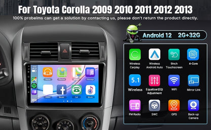 Rádio automotivo sem fio de 9 polegadas para Toyota Corolla 2009 2010 2011 2012 2013, compatível com CarPlay Android Auto, tela de toque 2+32G