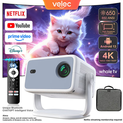 Projetor Velec compatível com Netflix 650ANSI Android 13 Portátil 4K Nativo Wifi6 BT5.2 1080P TP350 Correção de distorção trapezoidal automática