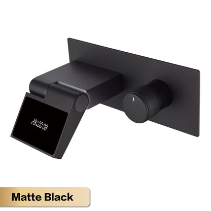 Torneira de banheiro de parede luxuosa de latão cinza chumbo com visor digital LED, misturador monocomando de água quente e fria embutido.
