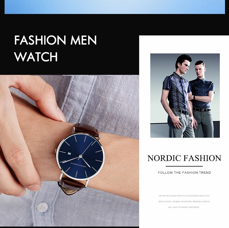 Classic Bauhaus Design Men Watch Dark Blue  Japan Quartz Waterproof Stainless Steel Fashion Business Calendar Ultra Thin Watches