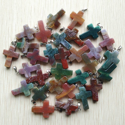 Wholesale 50pcs/lot Fashion Hot Sell Natural Stone Mixed Color Assort Cross Pendants Charms Fit Necklaces Jewelry Making