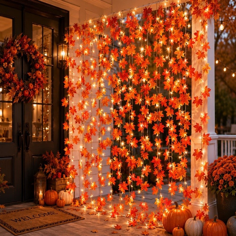 Autumn Faux Maple Leaf Vine Garland with Lights LED Thickened Maple Vine And Durable, Reusable Suitable Thanksgiving, Halloween