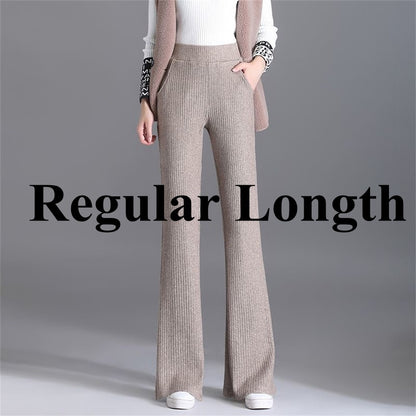Women's Wool Blend Flare Pants Autumn Bootcut Pants Elastic Waist Petite Regular Long Tall Girl Dress Pants Thick Offical Casual