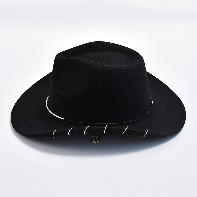 Chapéus Fedora Retrô Femininos Masculinos Chapéu de Jazz em Feltro com Corrente de Metal Aba Curva Chapéu de Cowboy Ocidental Sombrero Hombre