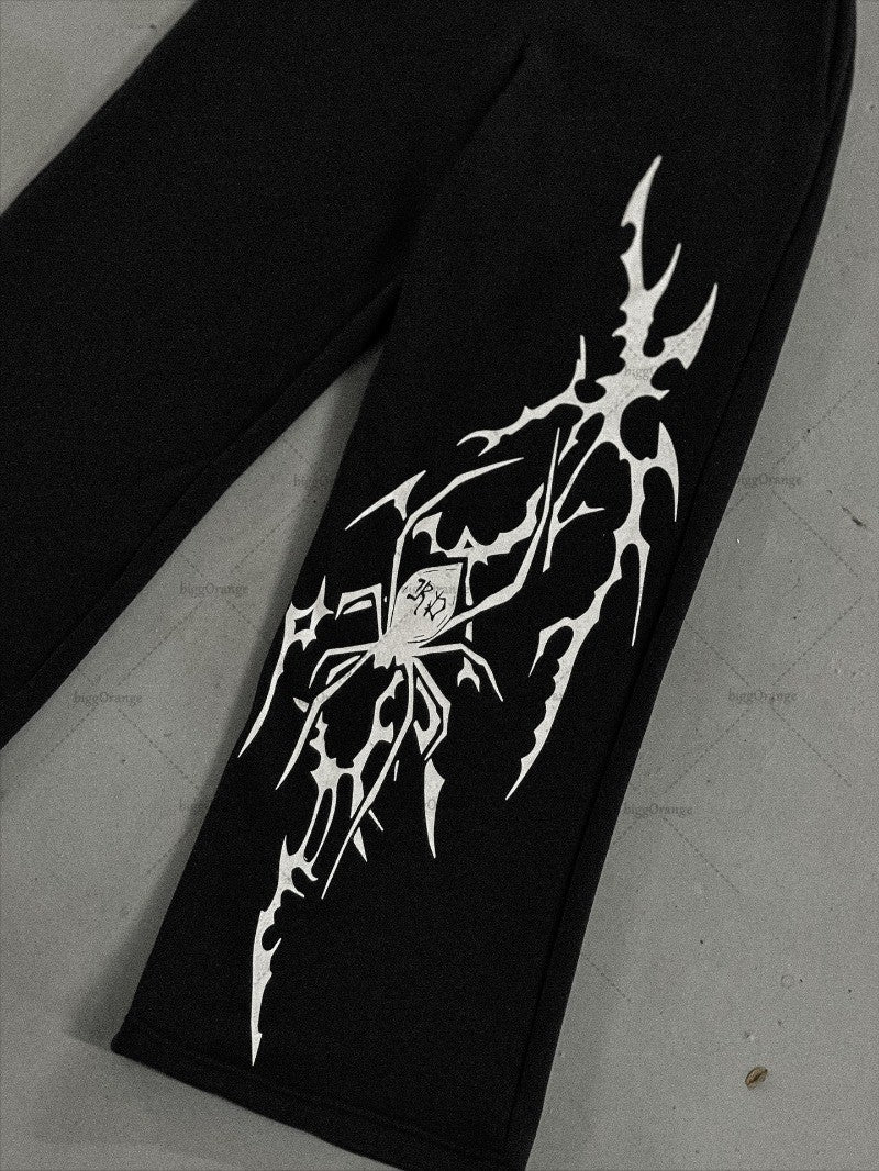 Street Hip Hop Harajuku Retrô Aranha Listras Moda Soltas Calças Pretas Masculinas American Punk Y2K Calças Retas de Perna Larga