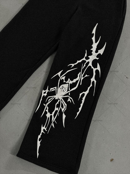 Street Hip Hop Harajuku Retrô Aranha Listras Moda Soltas Calças Pretas Masculinas American Punk Y2K Calças Retas de Perna Larga